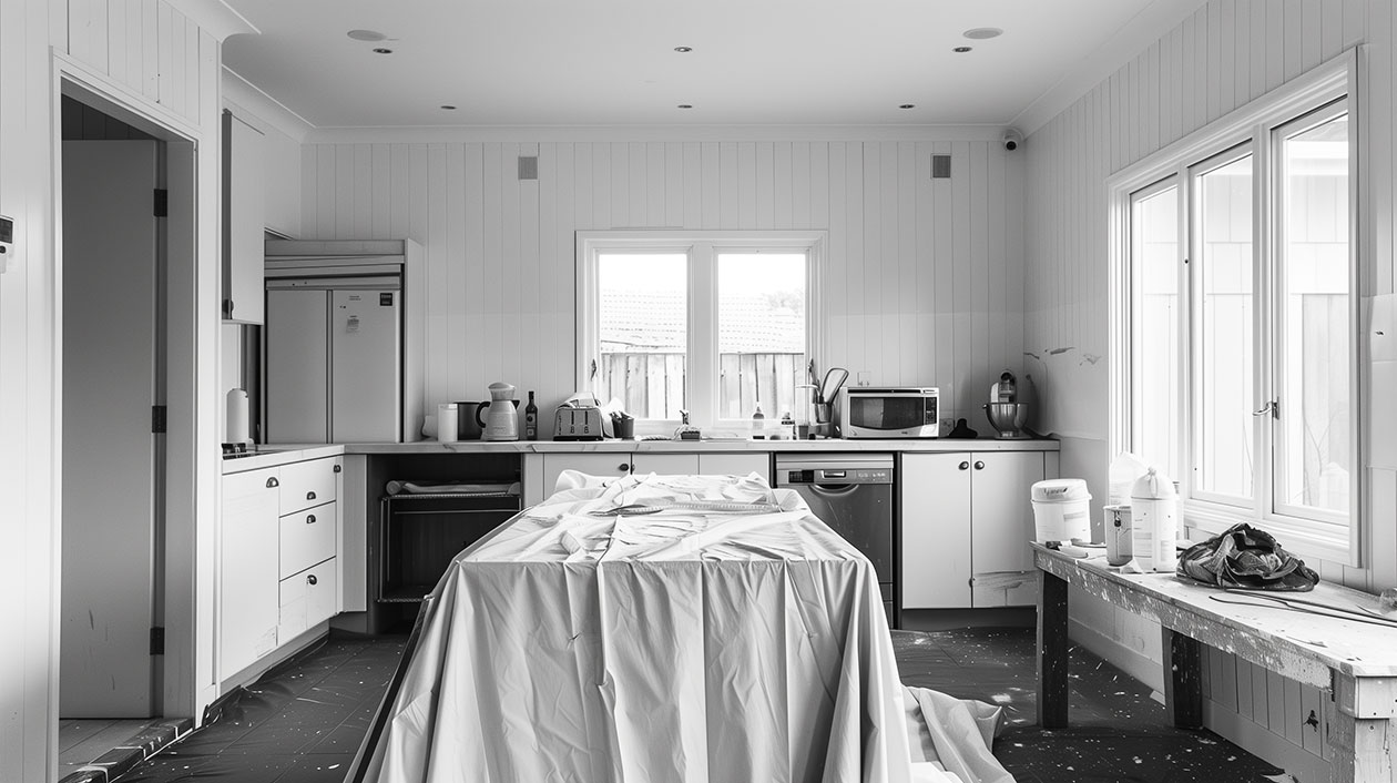 Kitchen covered with a drop cloth